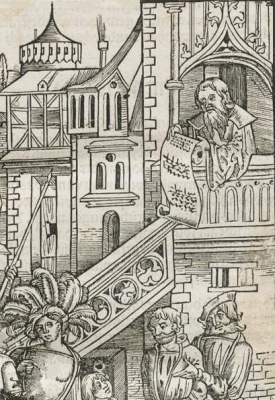 Pronouncement of judgment, illustration from the Laienspiegel (1509)