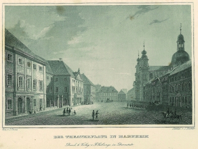 Theater Square in Mannheim, steel engraving by Johann Carl August Richter, after Giacomo Pozzi, around 1840.