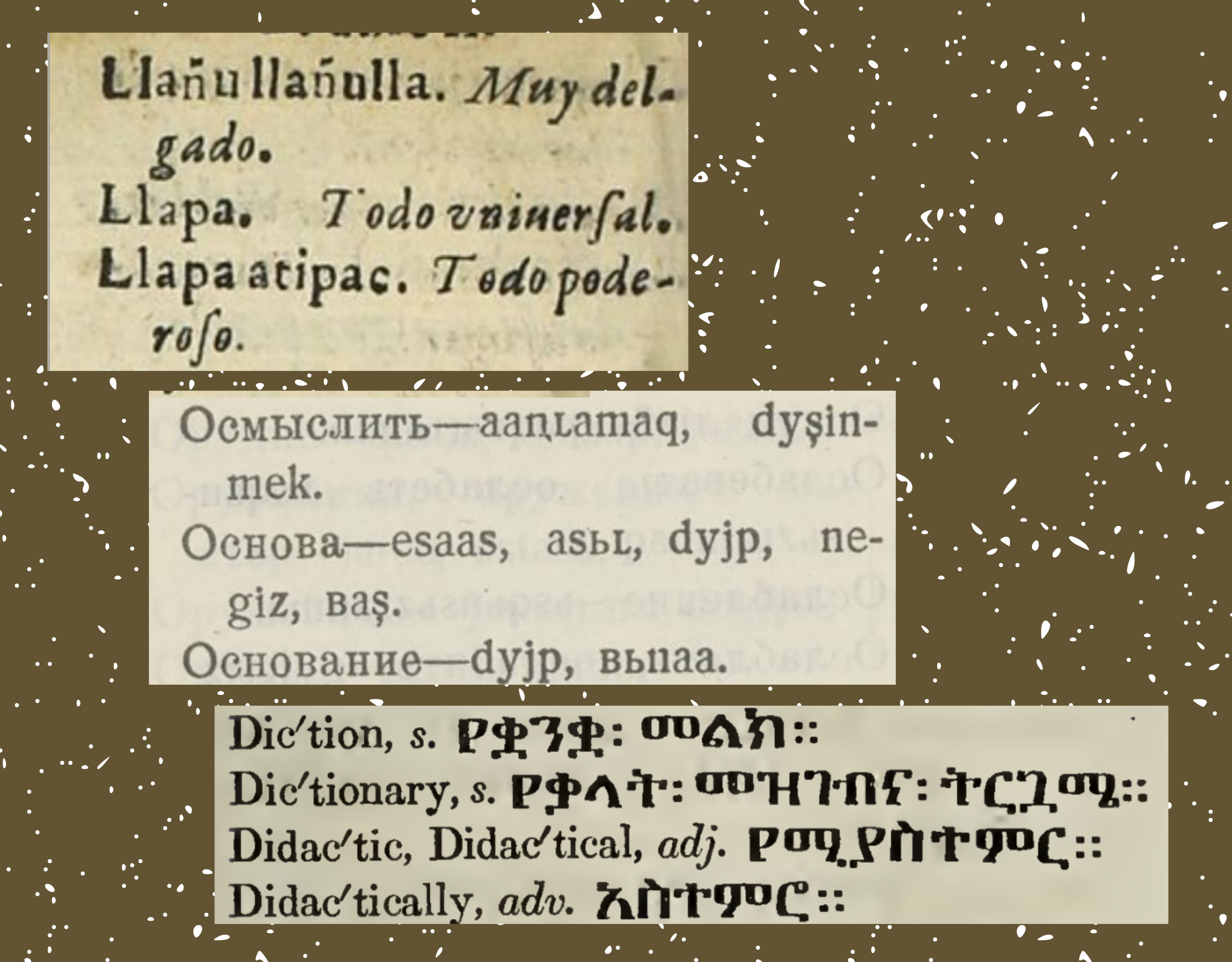 Three pieces of paper with different scripts on a brown background.