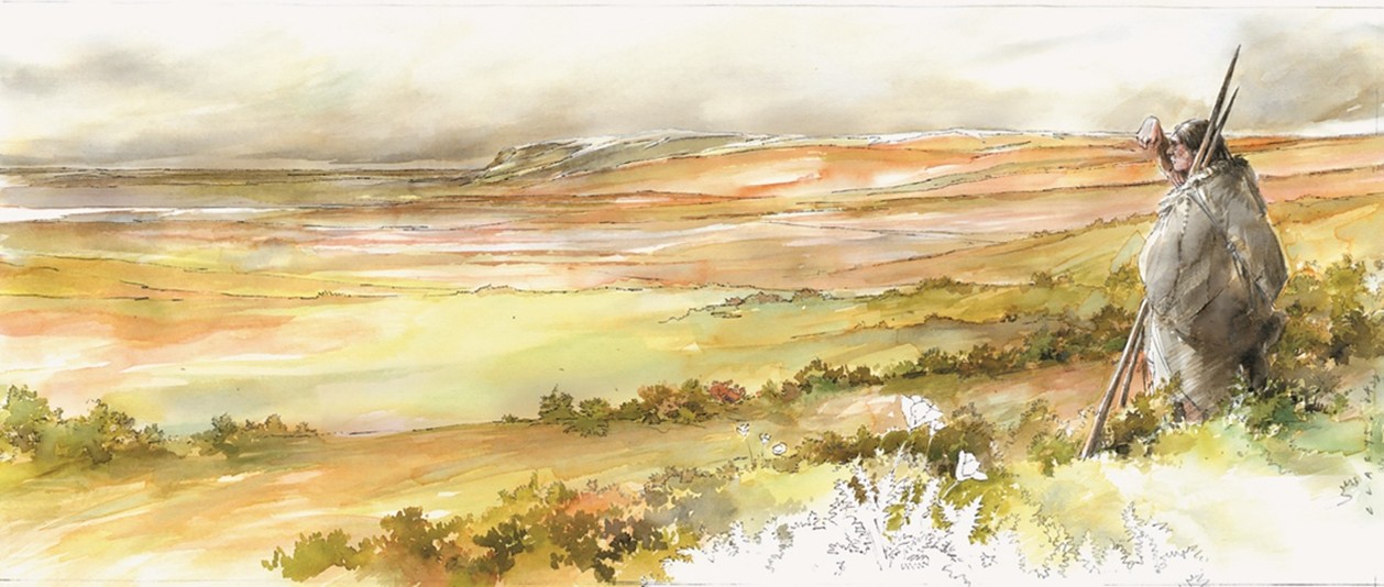 Watercolor painting depicting a glacial landscape from the Ice Age.