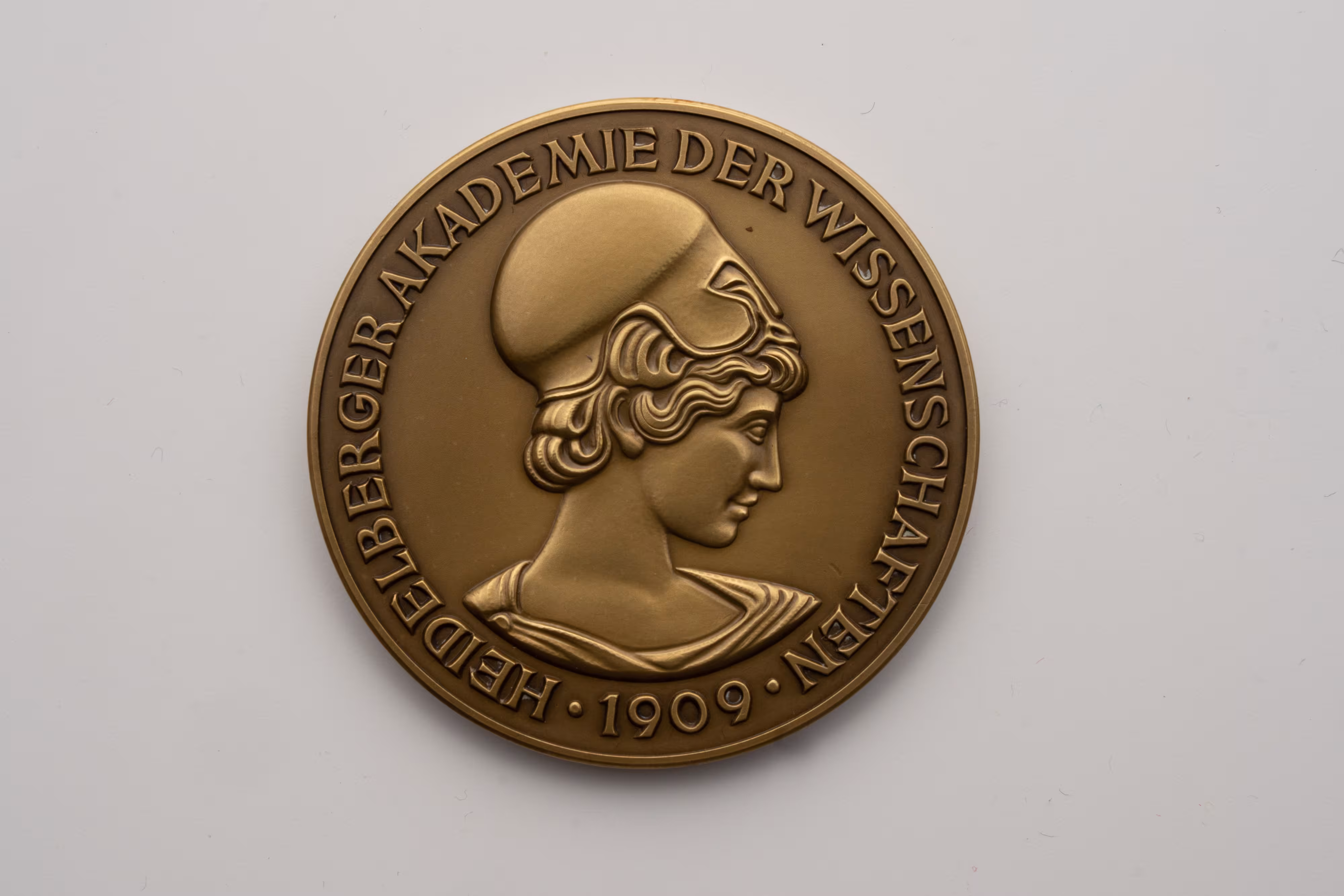 The bronze medal depicts the head of Athena, the Greek goddess of wisdom. The inscription "Heidelberger Academy of Sciences and Humanities " runs along the edge of the medal.   