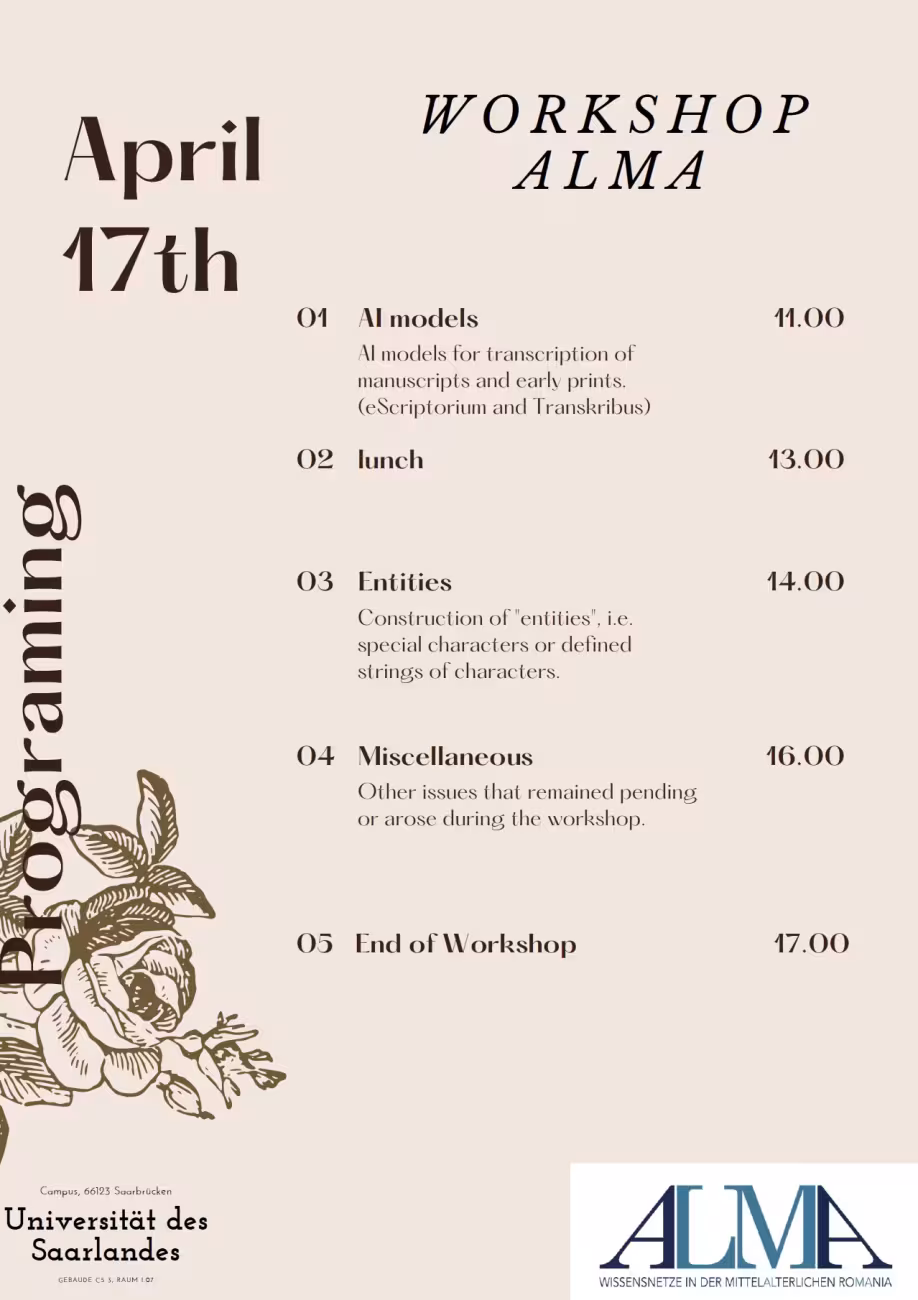 Program of the ALMA workshop on April 17, 2024, Saarbrücken