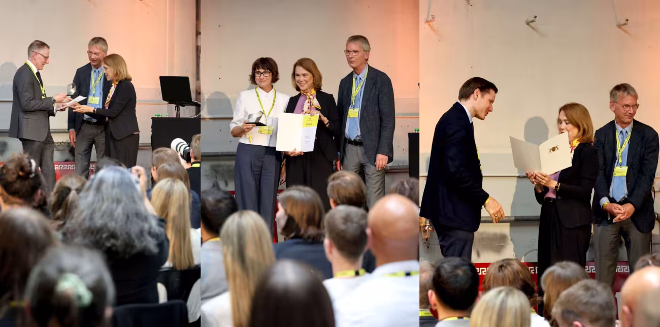 Collage der Übergabe des Landesforschungspreises durch Ministerin Olschowski. Daneben steht Präsident Kräusslich, der Vorsitzende des Auswahlausschusses.