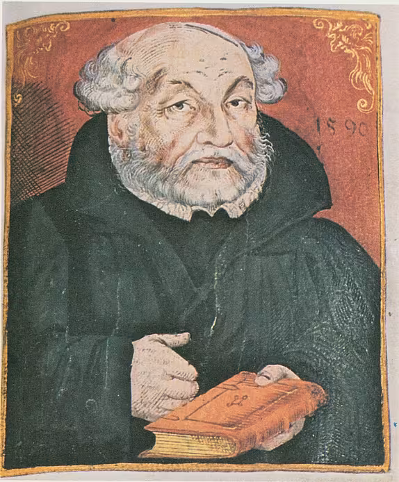 Miniature portrait of Jakob Andreae (1528–1590), depicting an older man with a receding hairline, gray hair, and a gray beard, holding a book in his left hand. 